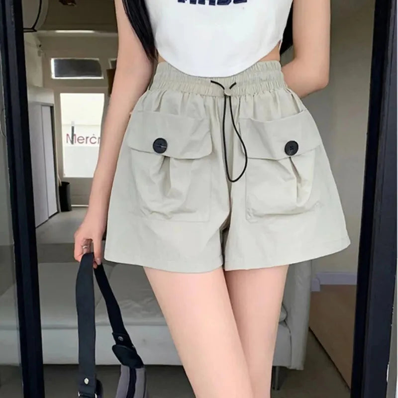 Y2K Fashion Street Cargo Shorts Women Summer Loose High Waist Drawstring Sports Pants Ladies Korean Casual Wide Leg Pants New