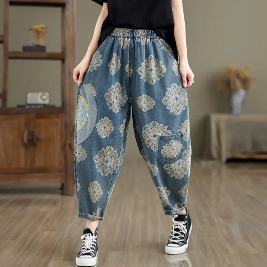 Women Casual Boyfriend Jeans New Arrival 2024 Spring Vintage Style Streetwear Floral Print Loose Female Denim Harem Pants B3741