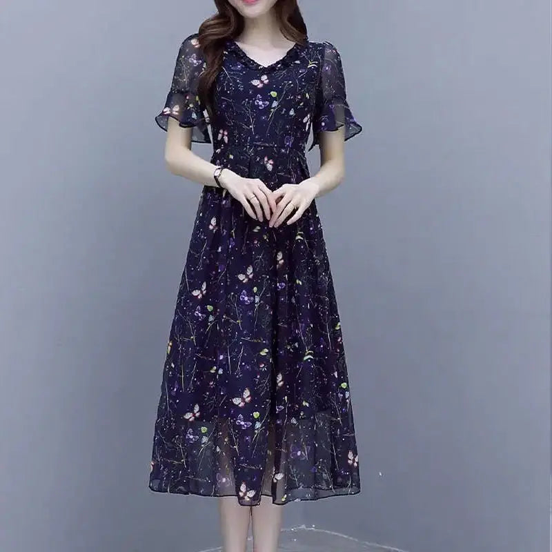 Stylish Casual Butterfly Printed Midi Dress Summer Bandage Elegant V-Neck Female Clothing A-Line Commute Ruffles Spliced Dresses