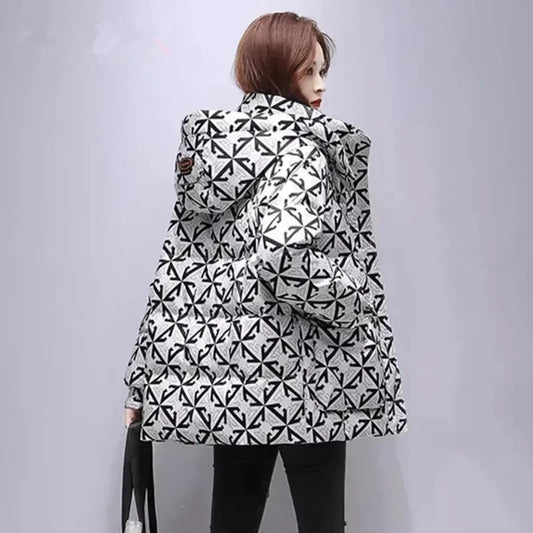 Winter Jacket Womens Warm Parkas 2024 New Medium Length Don Cotton Coat Female Hooded Printing Thicken Womens Jackets