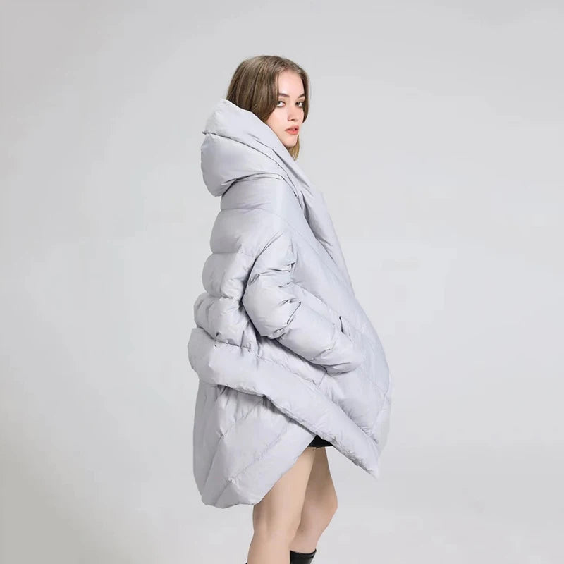 Nouvelle veste châle irrégulière d'hiver manteau en duvet de canard blanc pardessus femme veste parka bouffante à capuche ample épaisse de longueur moyenne