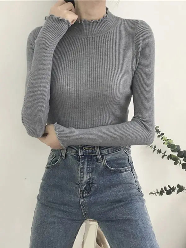 Turtleneck Ruched Women Sweater High Elastic Solid 2024 Fall Winter Fashion Sweater Women Slim Sexy Knitted Pullovers Pink White