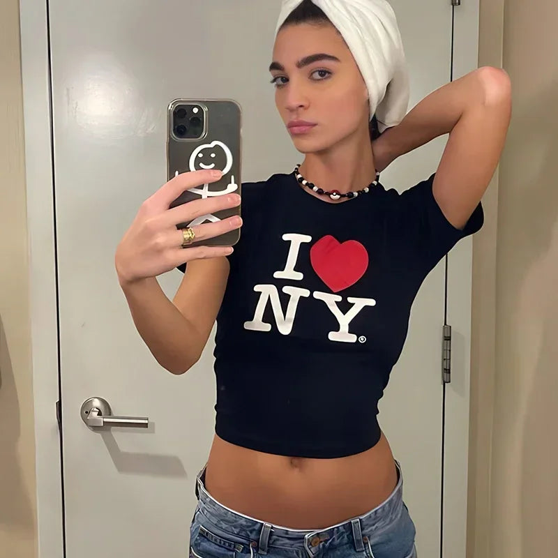 J'aime New York NY O Neck Womens Cropped Top Harajuku Gothic Clothes Y2k Summer Fashion  Tshirt Dropship