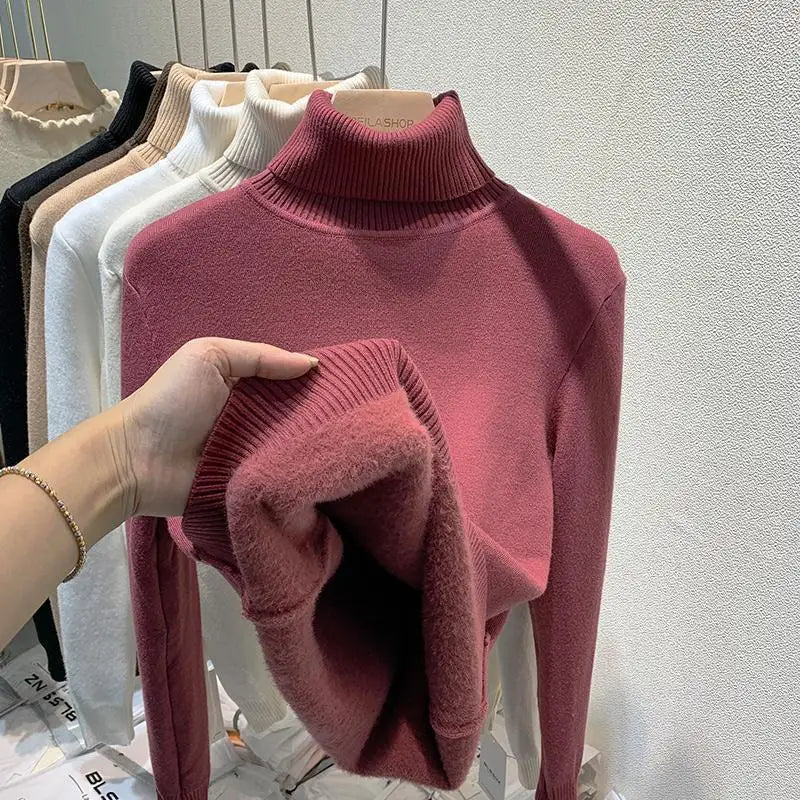 Pull épais à col haut pour femme, haut d'hiver chaud et doux, couleur unie, vêtement d'intérieur, chemise de fond, nouvelle collection 2025