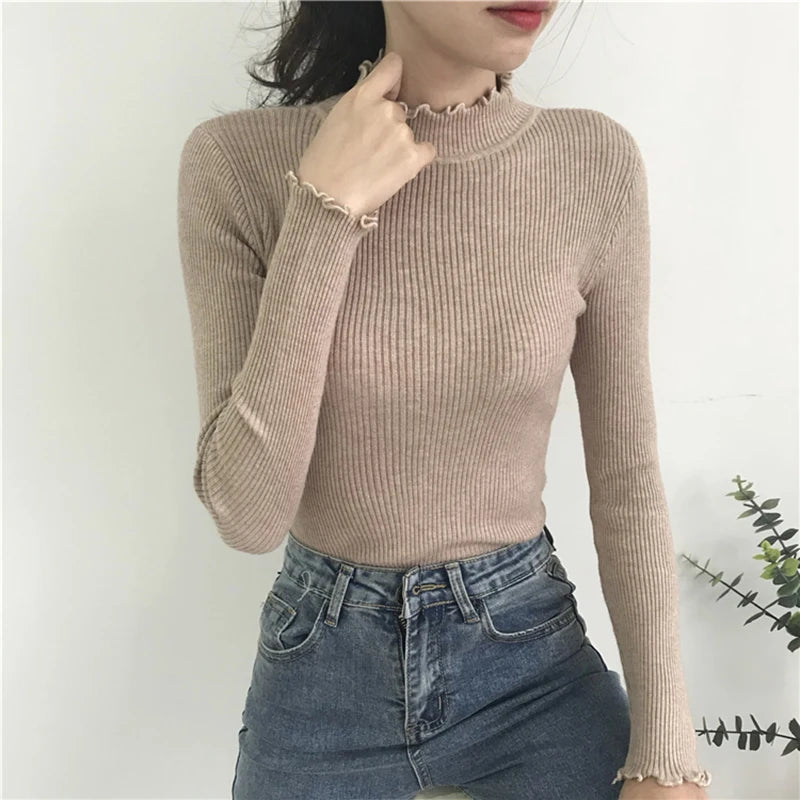 Turtleneck Ruched Women Sweater High Elastic Solid 2024 Fall Winter Fashion Sweater Women Slim Sexy Knitted Pullovers Pink White