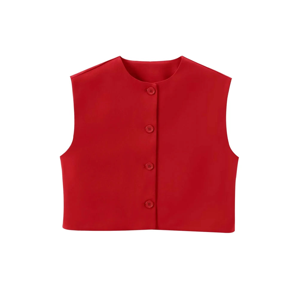 TRAF-Front Button Cropped Waistcoat for Women, O Neck, Sleeveless, Female Outerwear, Chic Tops, Fashion