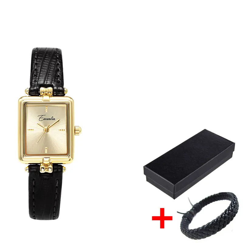 Retro Niche Design Square Rectangular Gold Dial Quartz Women's Watch Casual Brown Leather Waterproof Fashion Watch Relogio