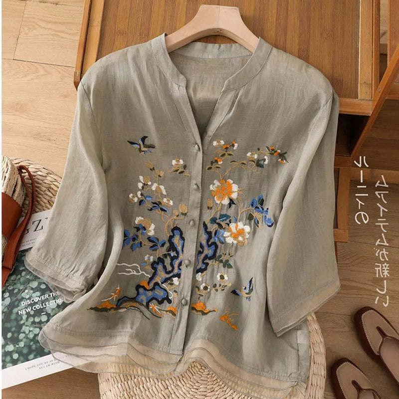 Hauts en coton et lin haut de gamme pour femme  été nouveau cardigan brodé nouvelle chemise style chinois patchwork sac boucle chemise