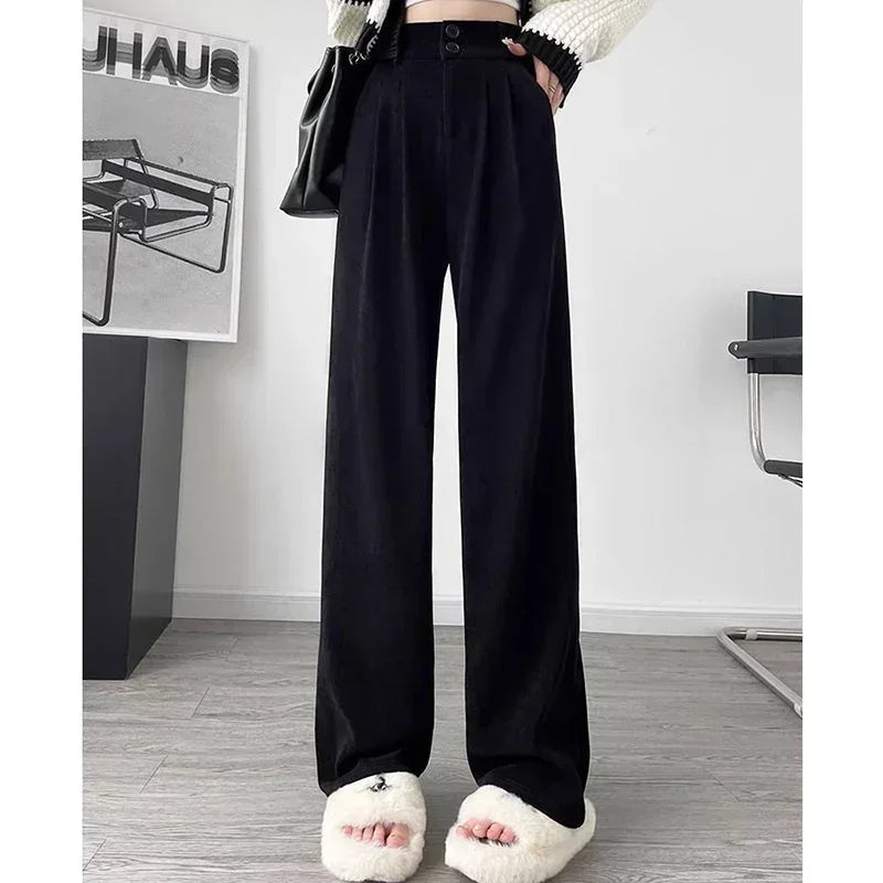 Women Fashion Suit Pants Lady Wide Straight Leg Classic Trousers Female Korean Mesh Linen Pants Stretch High Waist Basic Slacks