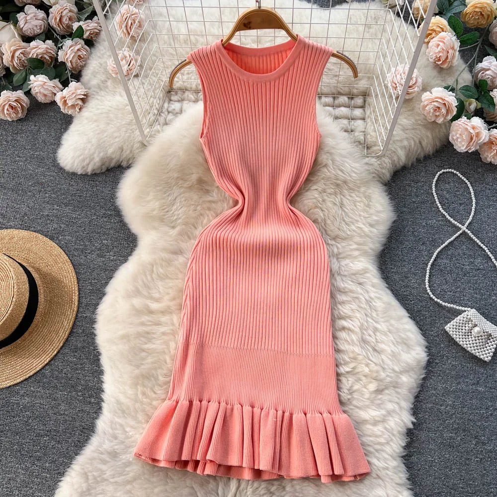 YuooMuoo Early Autumn Sexy Package Hips Ruffles Mini Dress Summer Fashion Y2K Knitted Bodycon Ladies Dress Korean Party Vestidos