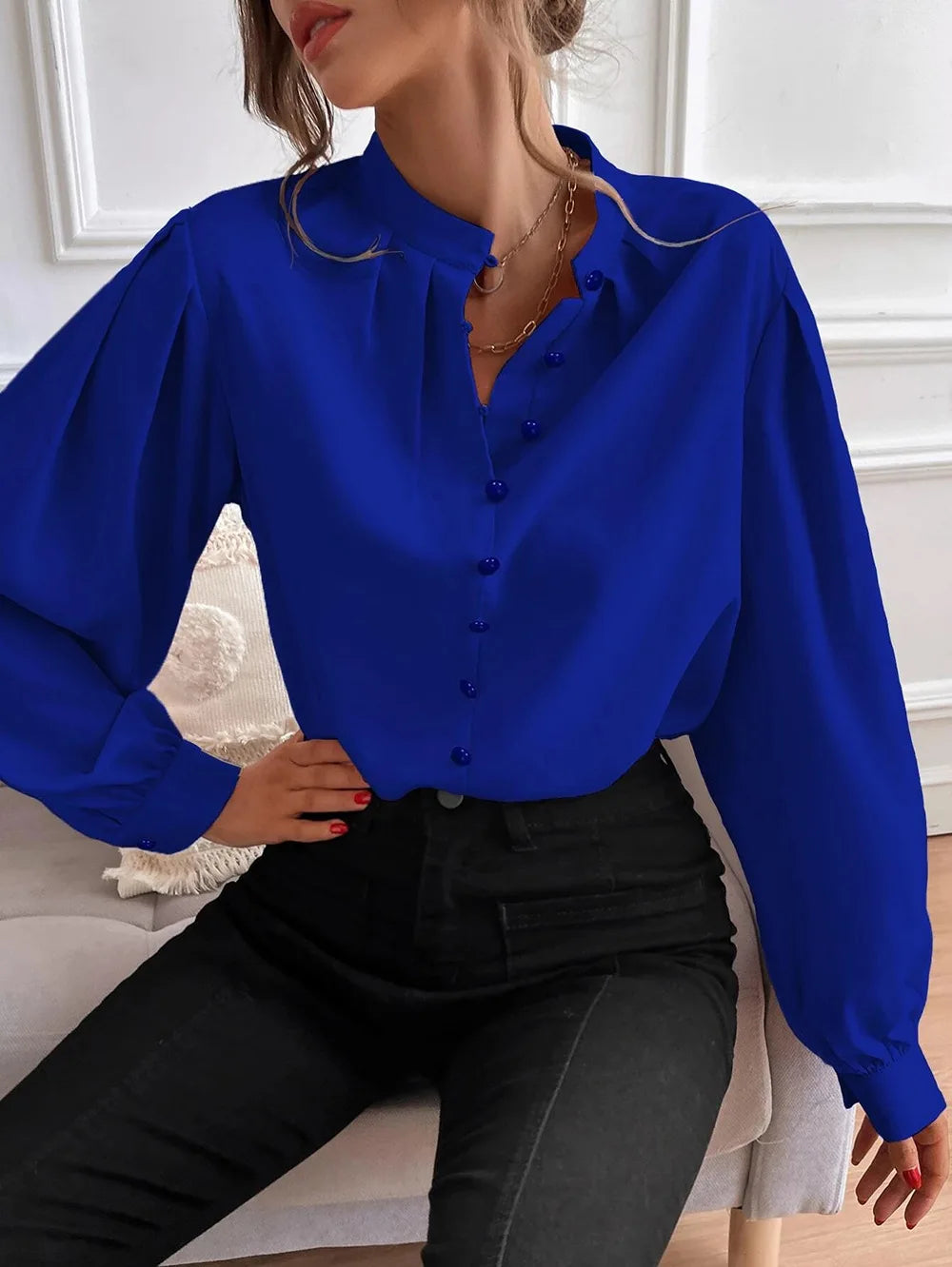 Elegant Temperament Female Clothing Solid Loose Fitting Lantern Long Sleeves Blouse Half Open Collar Pleated Pullover Shirt