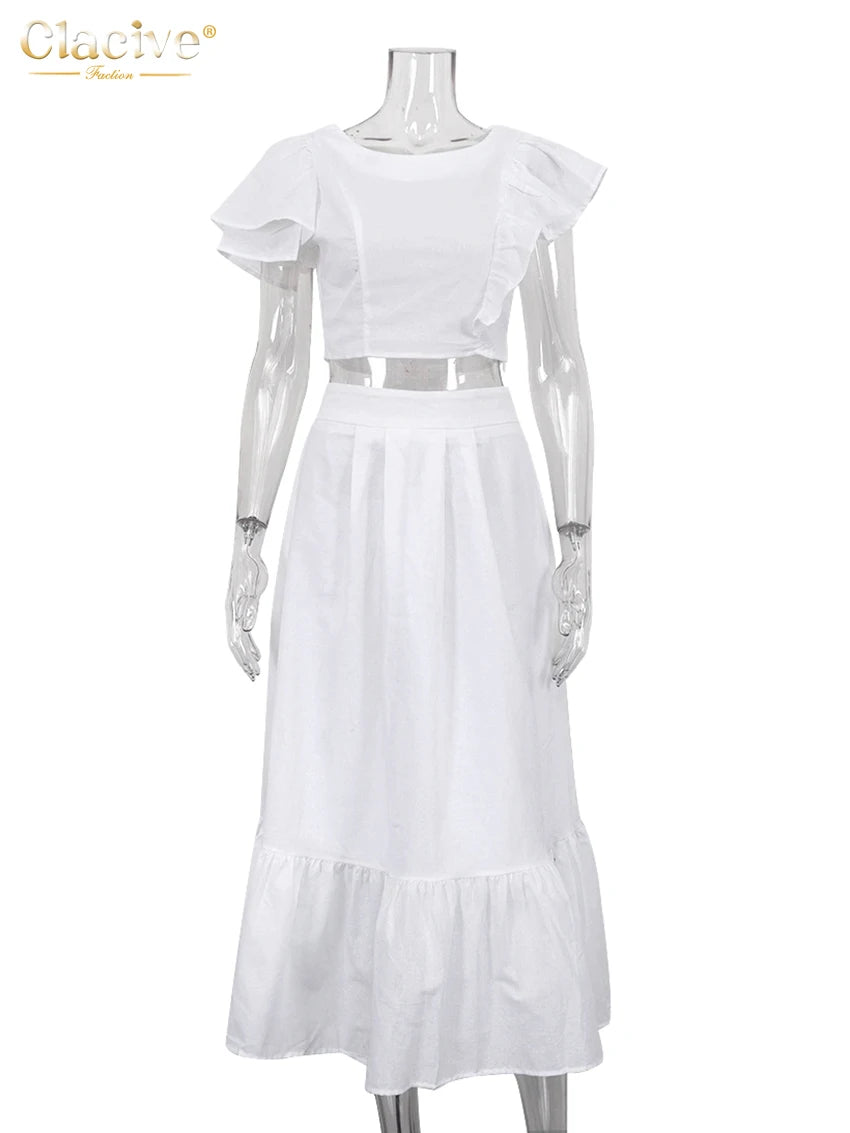 Clacive Summer White Linen 2 Piece Sets Femmes Mode Haut Court À Volants À Manches Courtes Avec Ensemble Jupes Longues Taille Haute