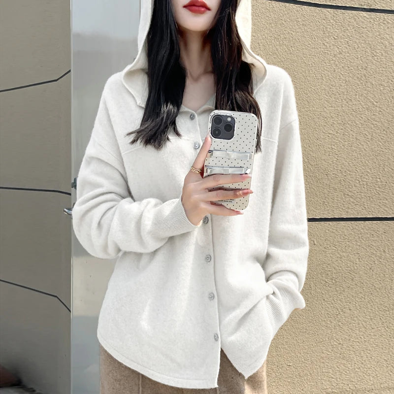 Fall/Winter 2024 new women's cardigan 100% pure wool solid color hooded collar cashmere fashion loose plus size sweater coat