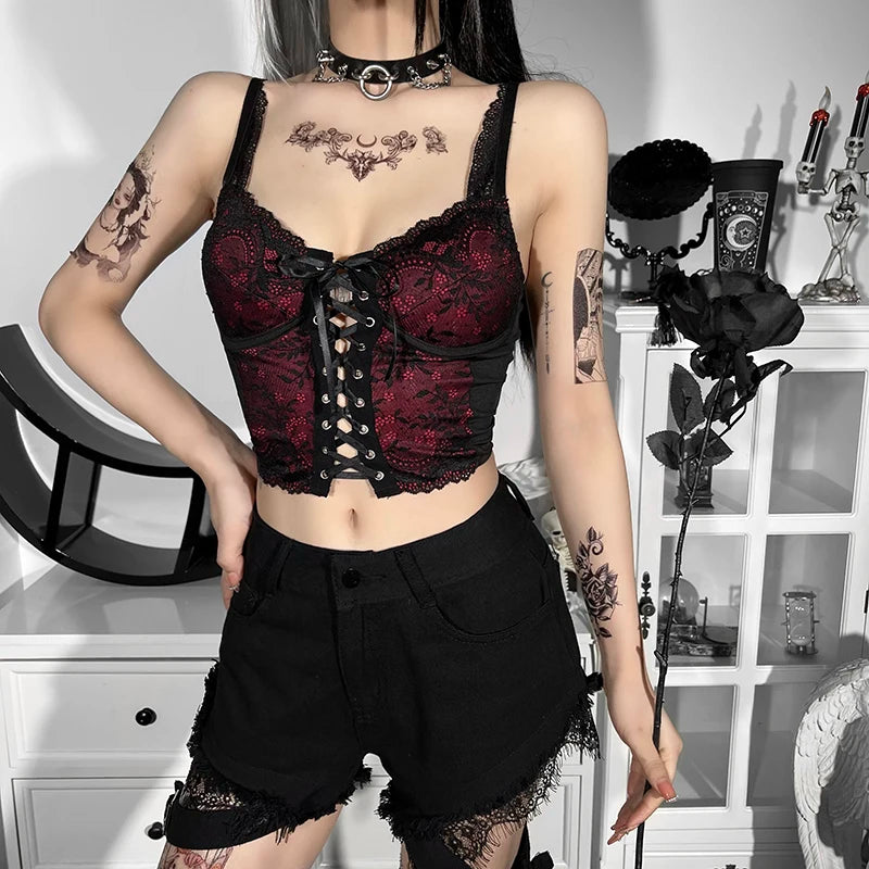 Women's Gothic Tops Dark Early Spring Small Camisole Clashing Lace Lace Tie Small Vest Women