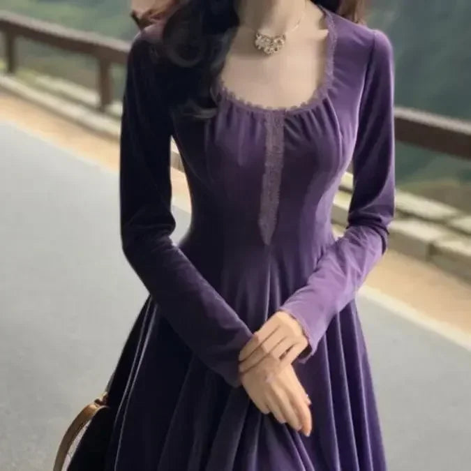 Gagarich Korean Purple Golden Velvet Dress Women 2025 Spring Autumn New French Retro Style Waist Wrapped Slim A-line Vestidos