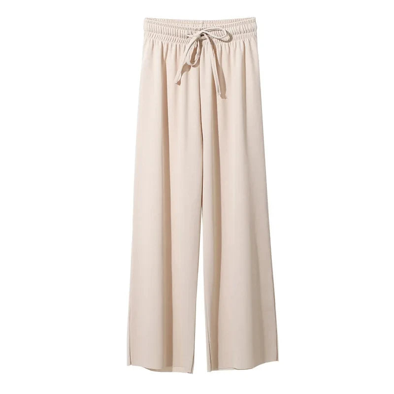 Women Wide Leg Long Pants Casual Solid Elastic Waist Loose Ankle-Length Ice Silk Pants Spring Summer Straight Female Trousers