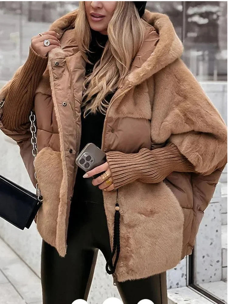 Winter Comfort Chic Hooded Jacket Loose Zipper Coat Women's Cotton Coat Elastic Ribbed Sleeve Parka Faux Fur Spliced Overcoat