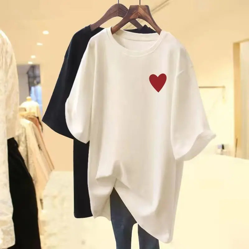 Summer Little Love Printed Loose Casual Pullover Lady Pure Cotton T-shirt Women Short Sleeve Crew Neck Basics Top Tees