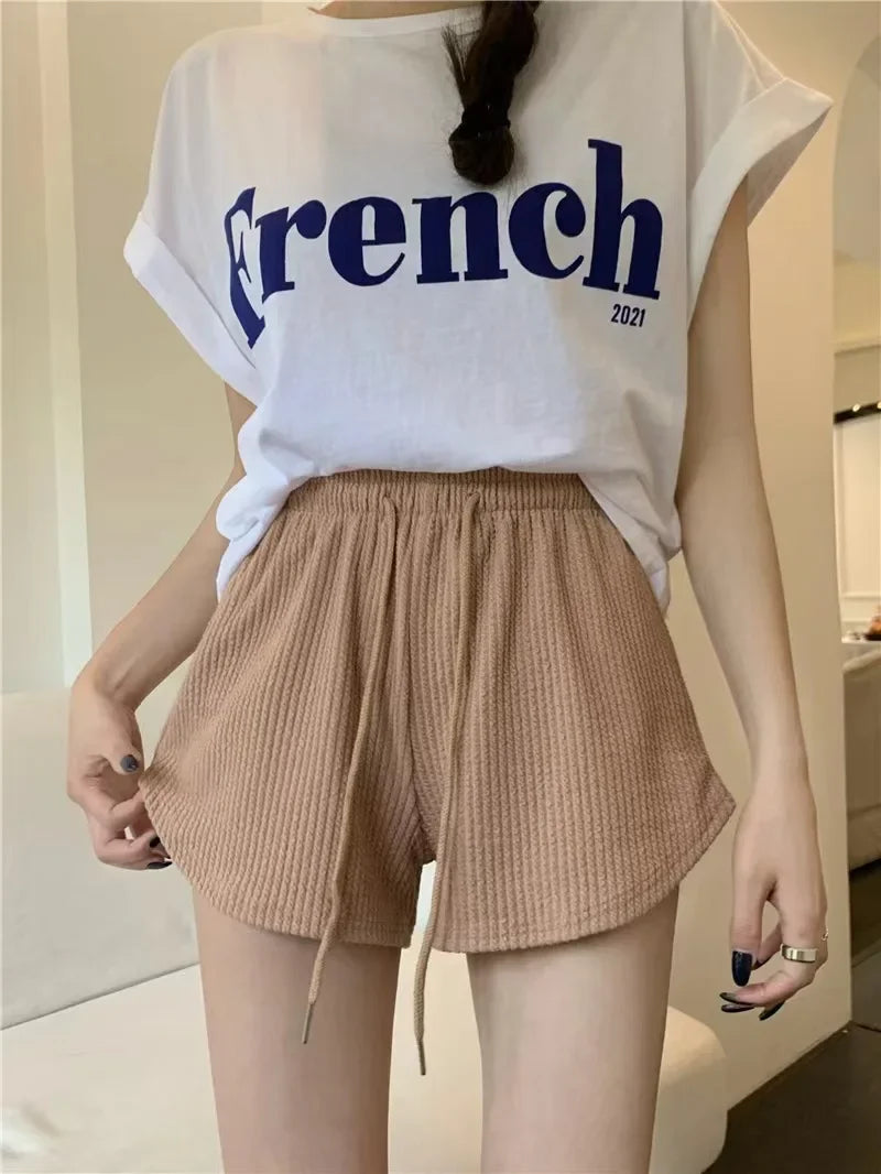 High Elastic Women Shorts Summer Drawstring Shorts Wide Leg Short Fitness Running Shorts Loose Casual Plus Size Sports Pants