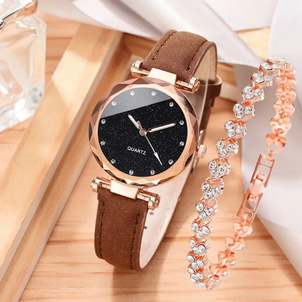 Ensemble de montres de luxe pour femmes, 2 pièces, bracelet en cuir PU, montre-bracelet à quartz pour dames, strass, bracelet en alliage or rose pour dames, cadeau