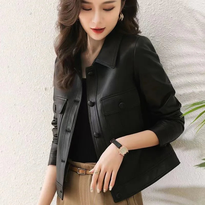 Lapel PU Leather Jacket Women 2024Spring Autumn New Coat Fashion Locomotive Goddess Overcoat High Quality Short Outerwear Female