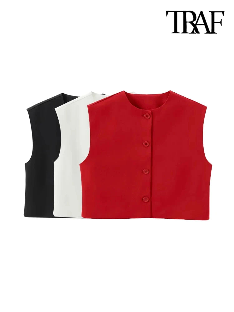 TRAF-Front Button Cropped Waistcoat for Women, O Neck, Sleeveless, Female Outerwear, Chic Tops, Fashion