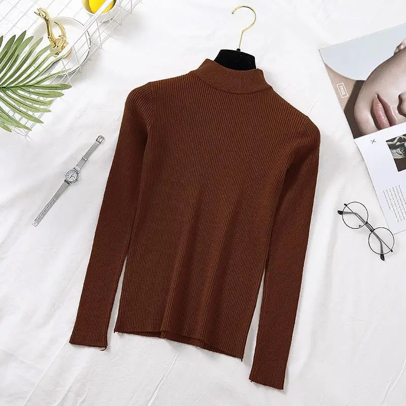 ZOKI Autumn Women Pullover Sweater Fashion Half Turtleneck Knitted Female Jumper Long Sleeve Winter Black Soft Elastic Blouse