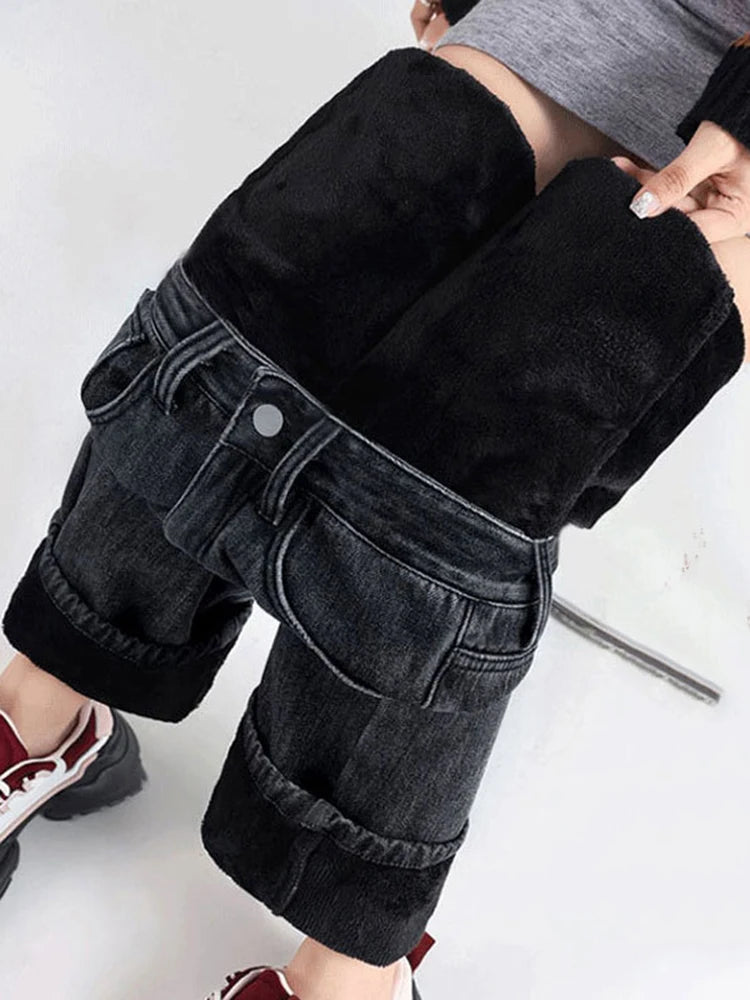 Winter Warm Baggy Straight Jeans Women Casual Thicken Velvet Lined Wide Leg Denim Pants Korean Vintage Solid High Waist Vaqueros