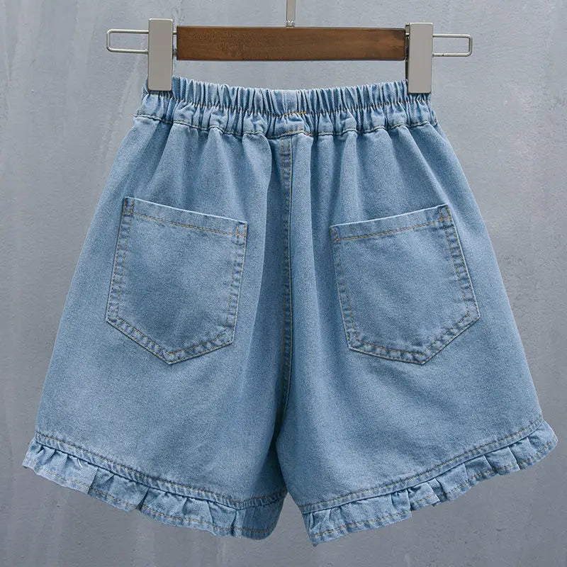 Short Pants for Woman To Wear Elastic Waist Women's Shorts Denim Mid Length Kawaii Cute Ruffle Knee Jeans Bermuda Half Outdoor