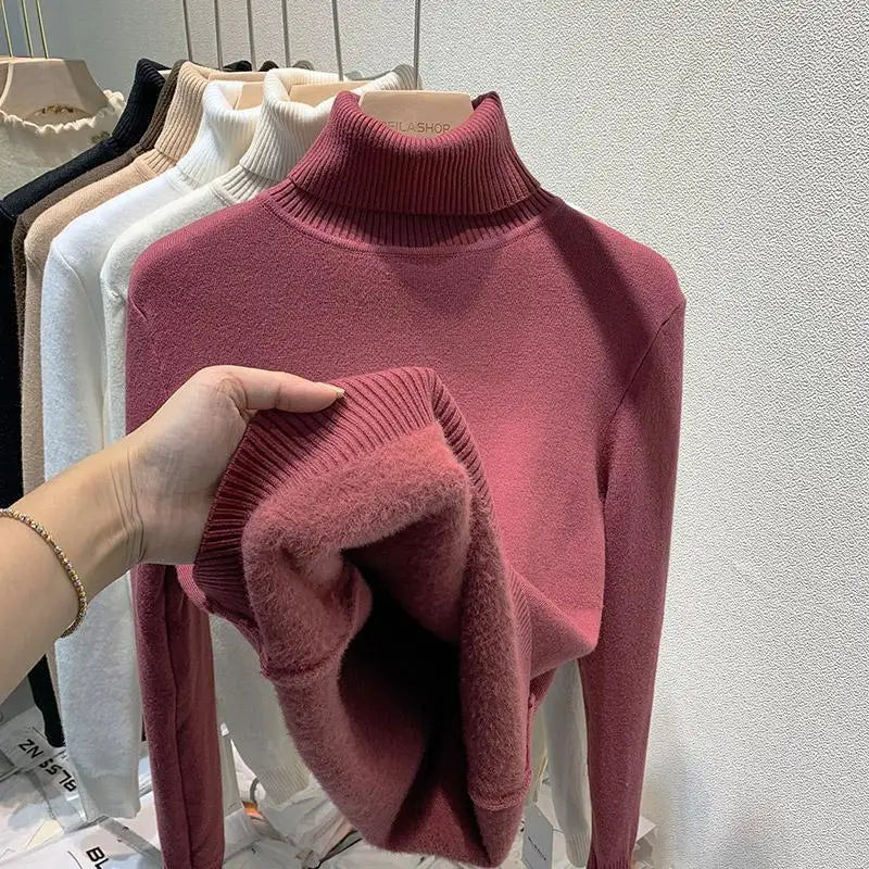 Pull épais à col haut pour femme, haut d'hiver chaud et doux, couleur unie, vêtement d'intérieur, chemise de fond, nouvelle collection 2025