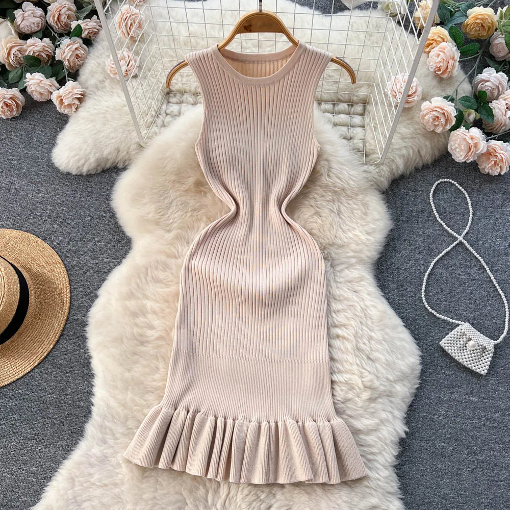 YuooMuoo Early Autumn Sexy Package Hips Ruffles Mini Dress Summer Fashion Y2K Knitted Bodycon Ladies Dress Korean Party Vestidos