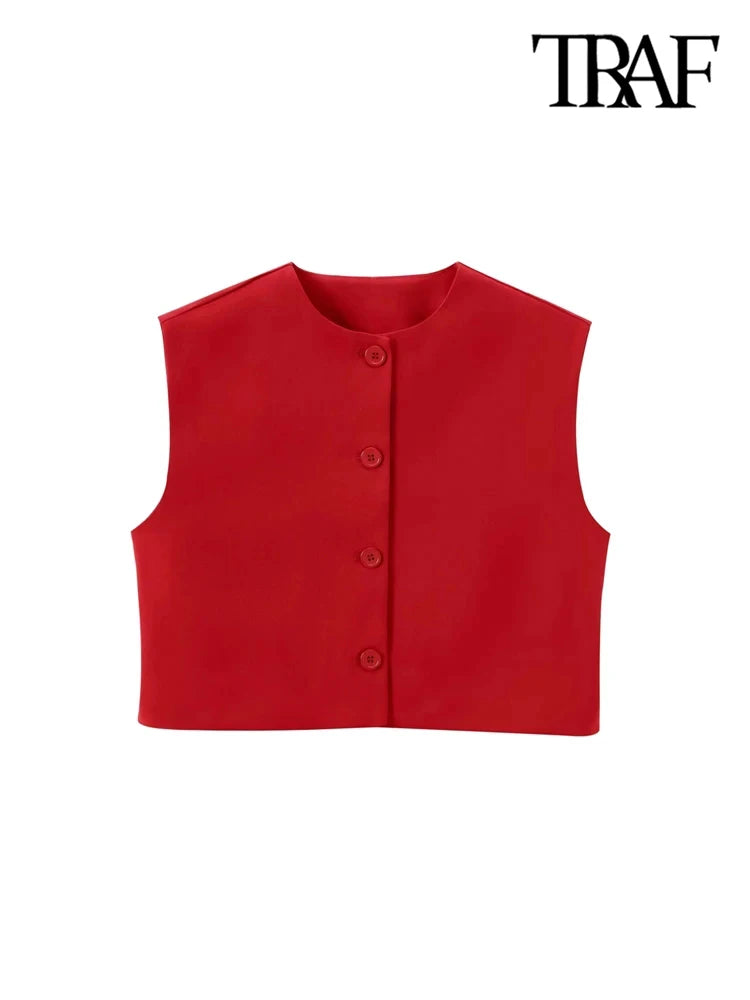 TRAF-Front Button Cropped Waistcoat for Women, O Neck, Sleeveless, Female Outerwear, Chic Tops, Fashion