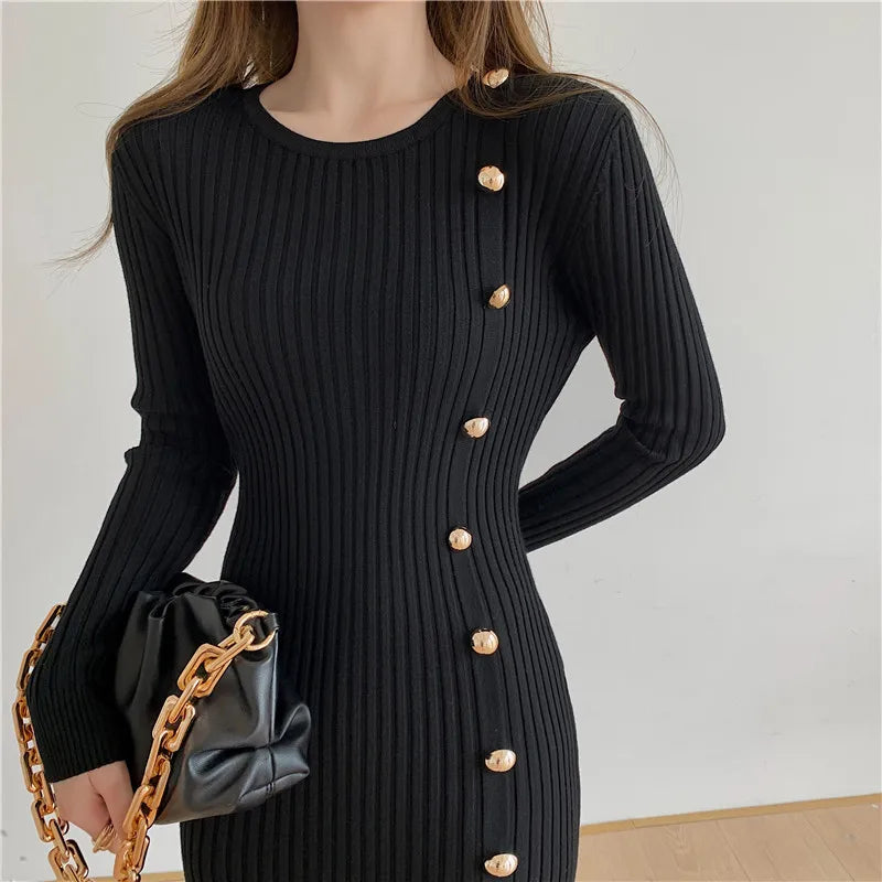 Vintage Midi Dresses for Women Clothing Long Sleeve Elegant Button Warm Trumpet Mermaid Knitted Sweater Bodycon Dress Winter New