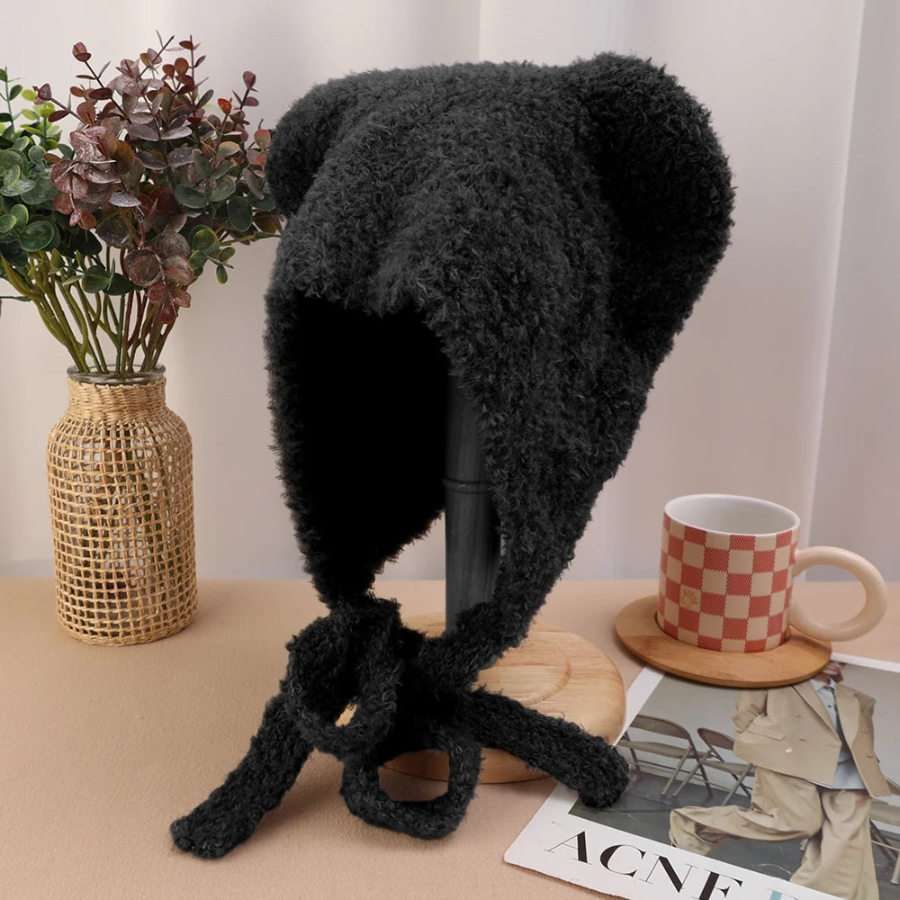 Winter Plush Beanies Cute Bear Ear Wool Hat Warm Lace-up Ear Protection Knitted Bomber Cap Bonnets Knitting Korea Women Gorros