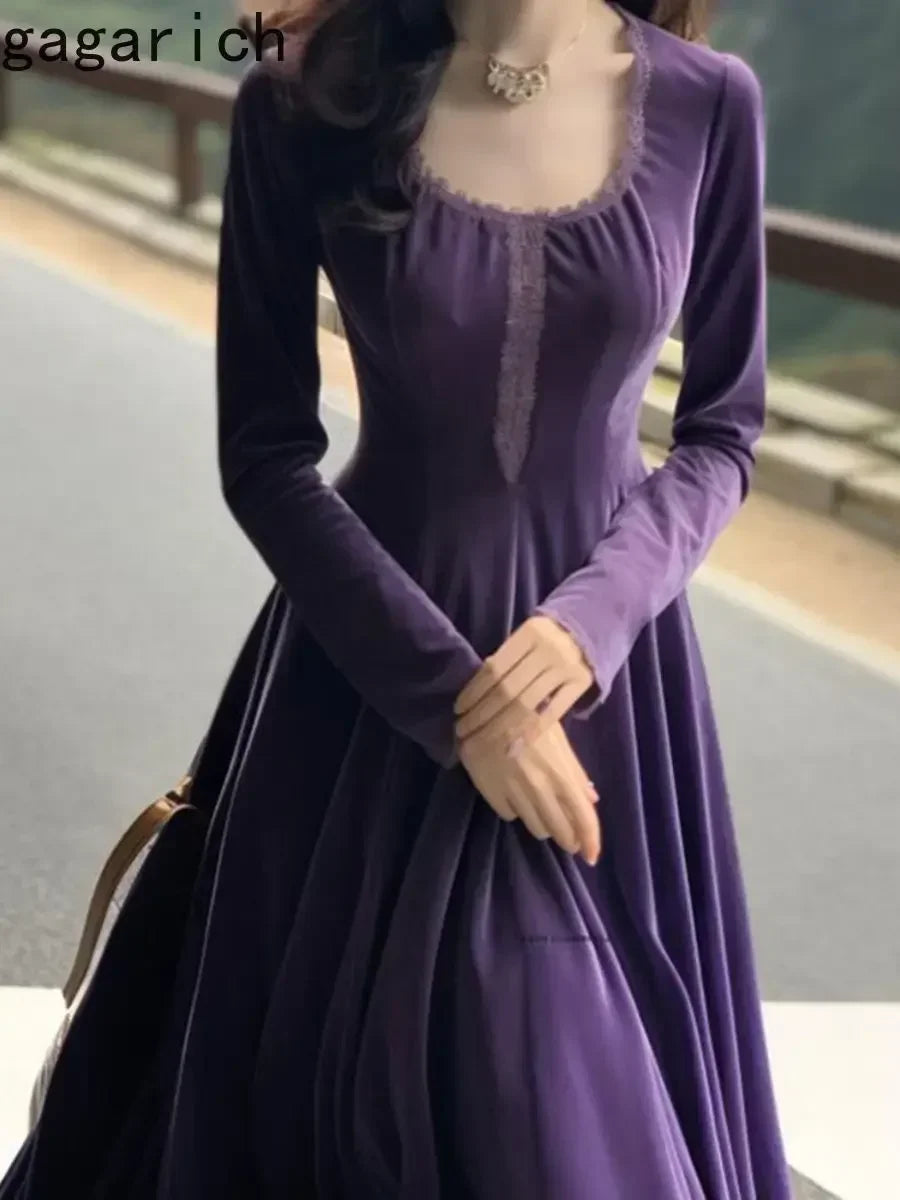 Gagarich Korean Purple Golden Velvet Dress Women 2025 Spring Autumn New French Retro Style Waist Wrapped Slim A-line Vestidos