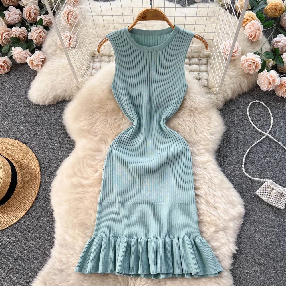 YuooMuoo Early Autumn Sexy Package Hips Ruffles Mini Dress Summer Fashion Y2K Knitted Bodycon Ladies Dress Korean Party Vestidos