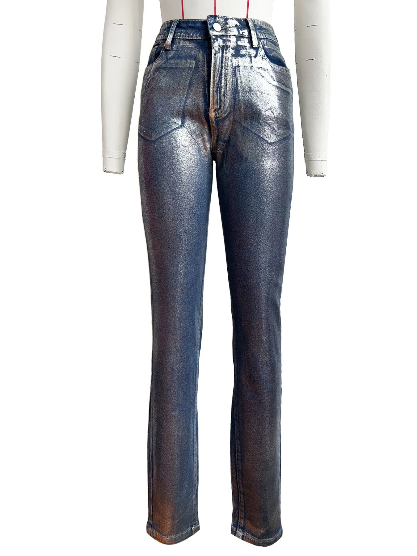 Silver Metallic Jeans Pencil Pants Sexy Women High Waist Elegant Streetwear Denim Club Trousers