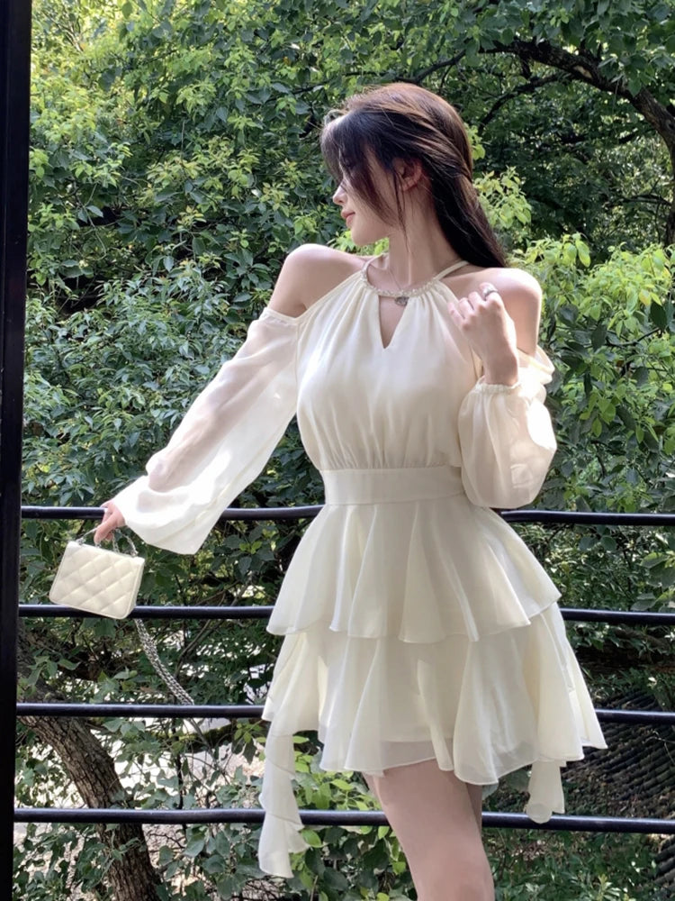 Halter Dresses Women Solid Fairycore Pleated Spring Summer Hotsweet Popular Exquisite French Style Retro Street Simple Daily