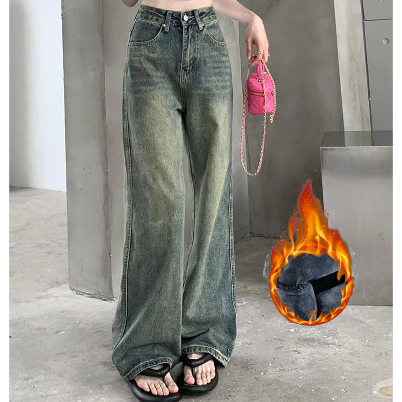 Woman High Waist Streetwear Thicken Flare Jeans Female Y2k Clothes Elegant Thermal Pants Girls Gothic Blue Yellow Denim Trousers