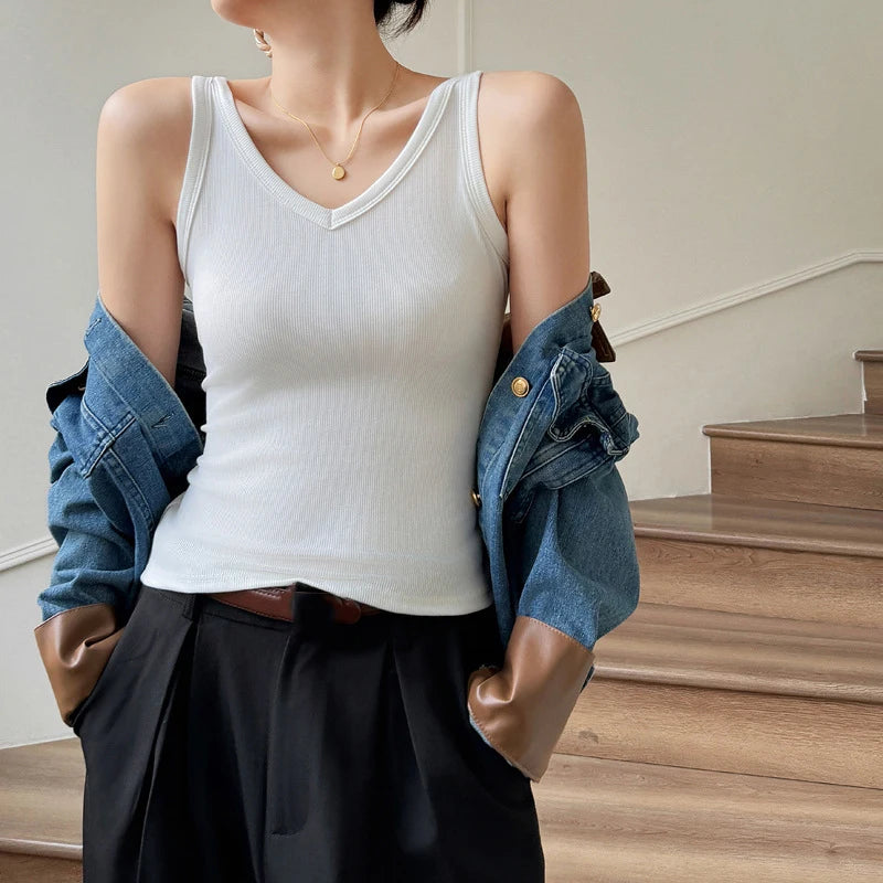 Women Summer Casual Cotton V-Neck Crop Top Basic Sleeveless Solid Slim Knit Camis Underwear Elastic Off Shoulder Sports Tank Top