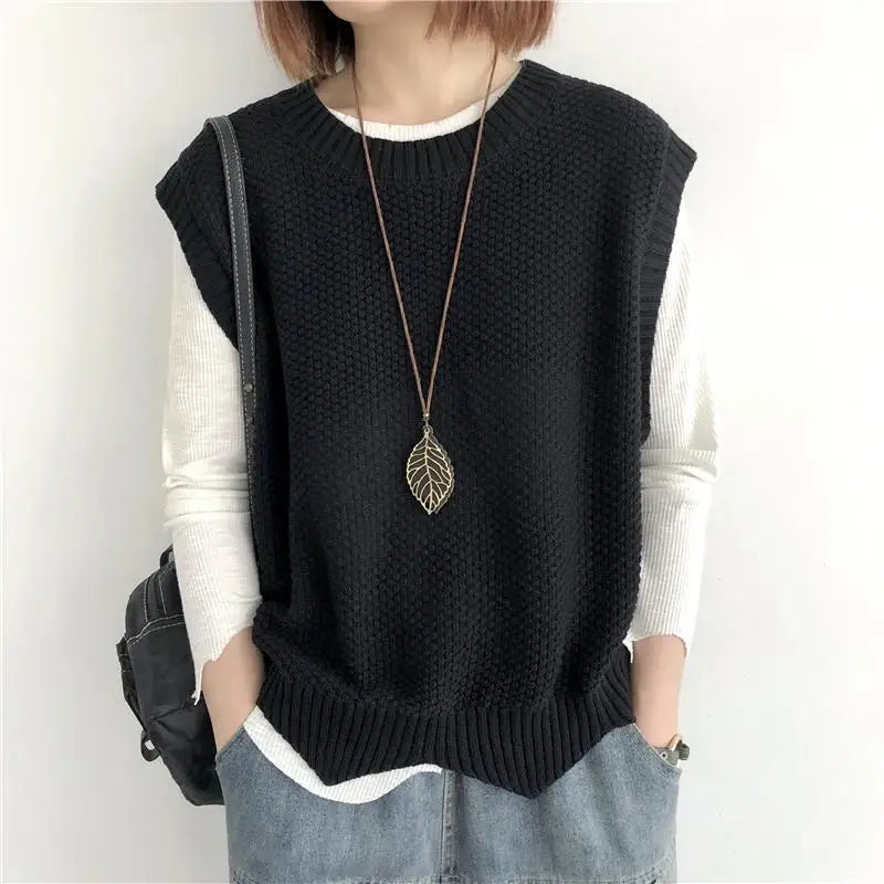 Summer Solid O-neck Asymmetrical Outerwear Single Wear Knitted Vest Women Patchwork Screw Thread Loose Versatile Sleeveless Top