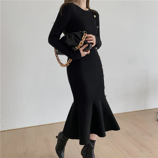 Vintage Midi Dresses for Women Clothing Long Sleeve Elegant Button Warm Trumpet Mermaid Knitted Sweater Bodycon Dress Winter New