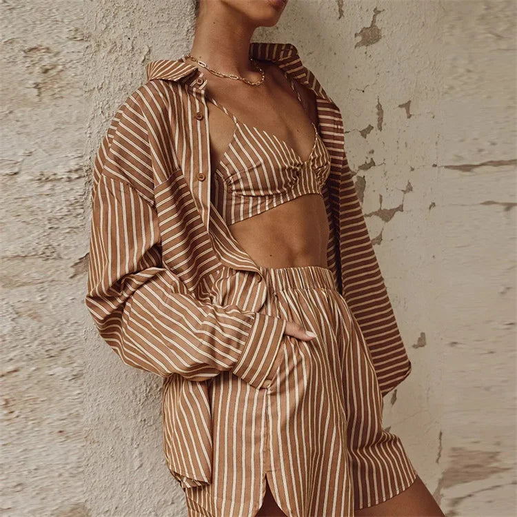 Women's Tracksuit Stripe Shirt Shorts Three Piece Set Long Sleeve Top and Mini Shorts Outfit Female 2023 Summer Lady New Suits