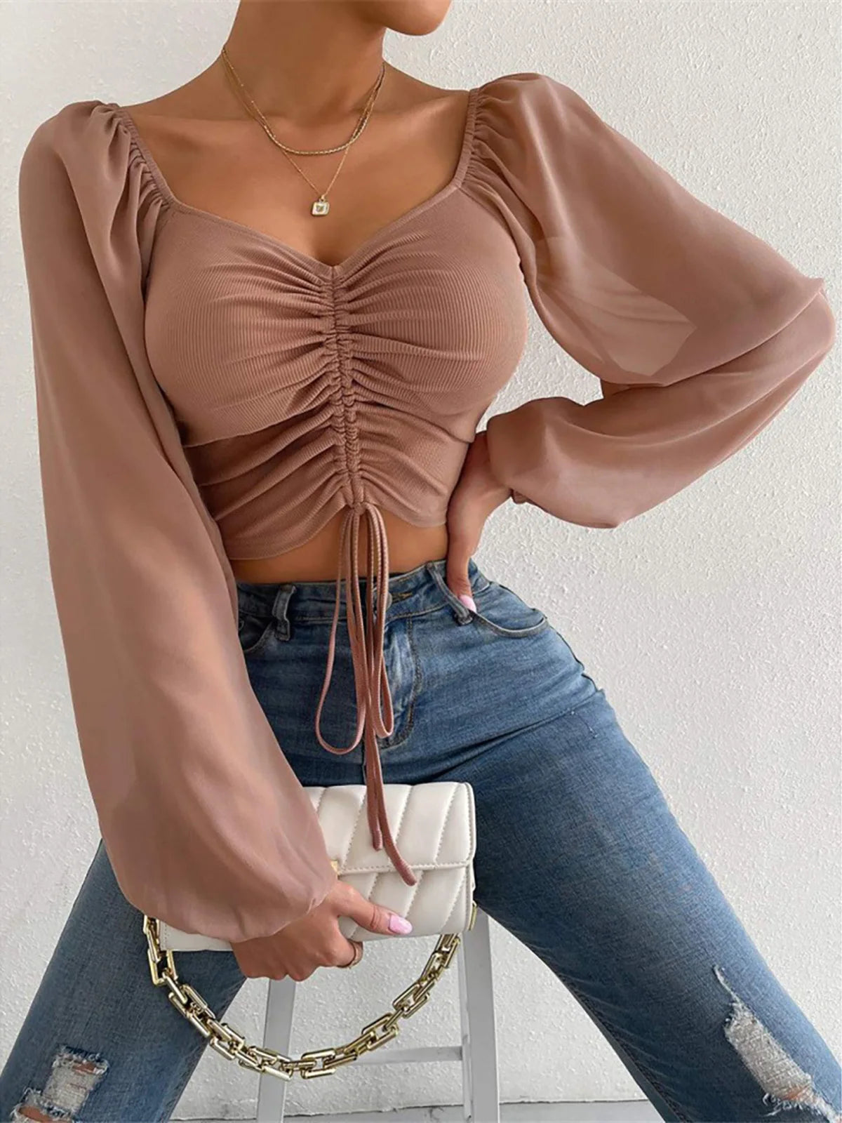 S-3XL Mesh Lantern Sleeves Drawstring Wrap Chest Bare Midriff T-Shirt Women Long Sleeve Ruched Blouse Sexy Crop Top Tee K5995