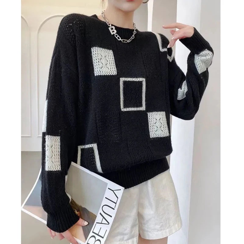 Vêtements pour femmes automne et hiver vintage géométrique patchwork pull tricoté décontracté streetwear pull hauts pull à manches longues