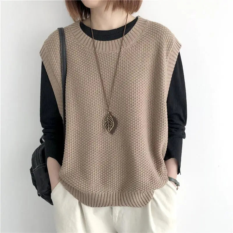 Summer Solid O-neck Asymmetrical Outerwear Single Wear Knitted Vest Women Patchwork Screw Thread Loose Versatile Sleeveless Top