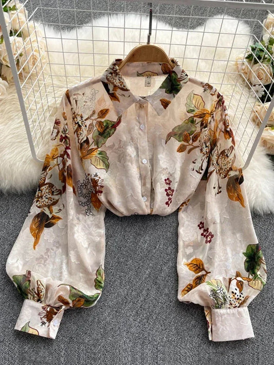 Spring Autumn Temperament Fashion Retro Chiffon Floral Blouses Print Loose Lapel Puff Sleeve Top Button Up Shirt Female GD611