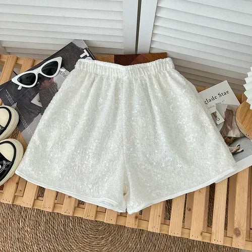 Korejpaa Women Shorts Chic Shiny Sequin Elastic Waist Wide Leg Pants Shorts Summer New Fashion Pantalones Cortos Femme