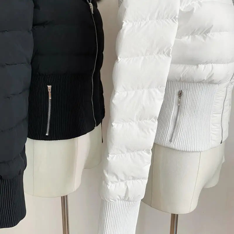 Fur Hooded High Street Short Down Jackets Zipper Fashion Slim Parkas Elegant Ladies Thick Outerwear Casual Black Coats For Women