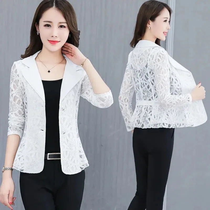 Spring Summer Jacket Womens 2024 Long Sleeve V-neck Office Women Jacket Jacket Black White Hollow Lace Jacket Coat Female